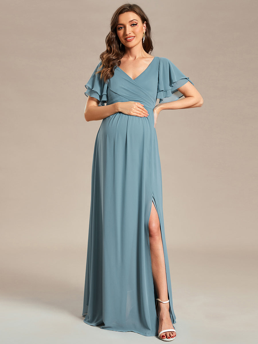 Color=Dusty blue | Ruffle Sleeves Split Chiffon Wholesale Maternity Dresses-Dusty blue 1