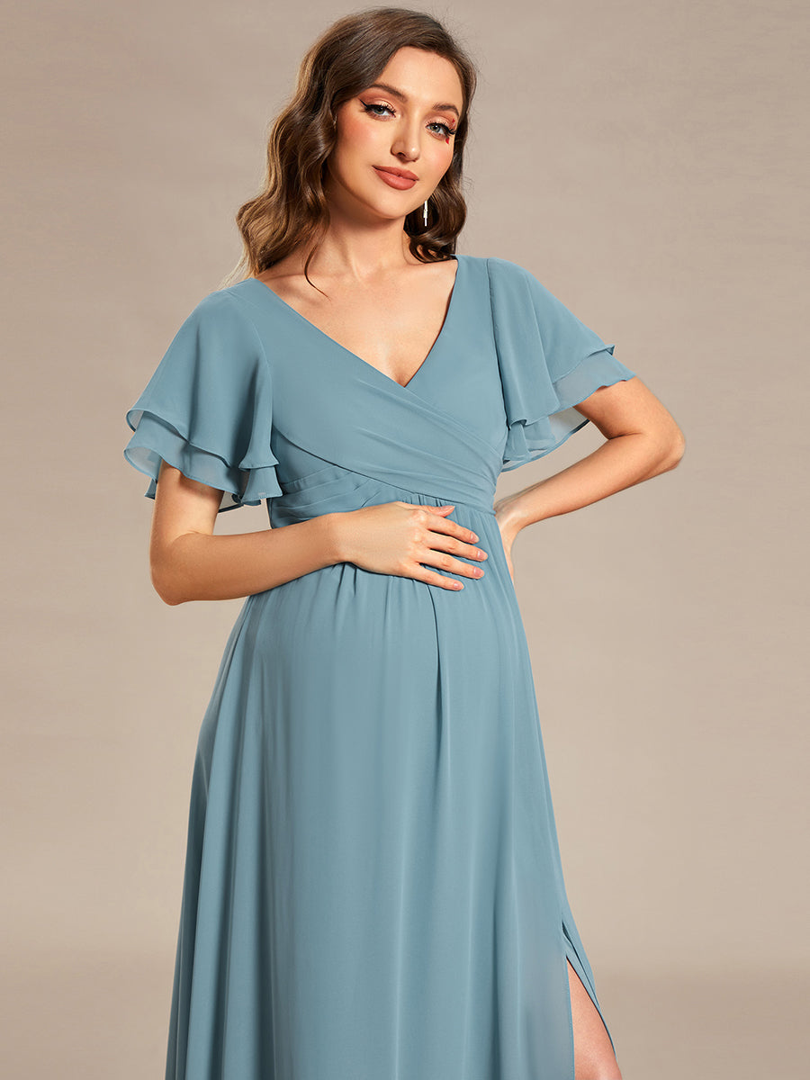 Color=Dusty blue | Ruffle Sleeves Split Chiffon Wholesale Maternity Dresses-Dusty blue 5