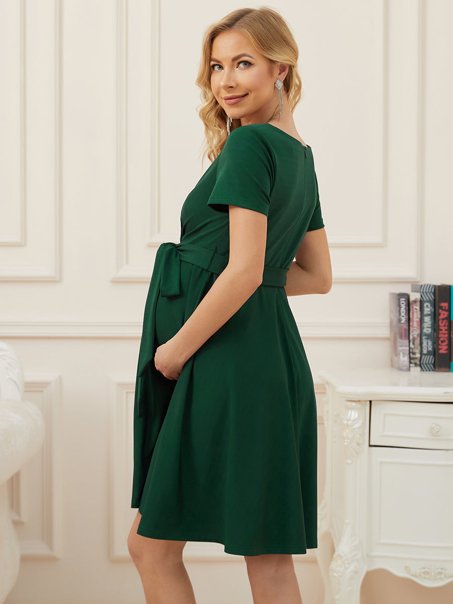 Color=Dark Green | Knee-Length Deep V-neck Dress for Pregnant Women-Dark Green 2
