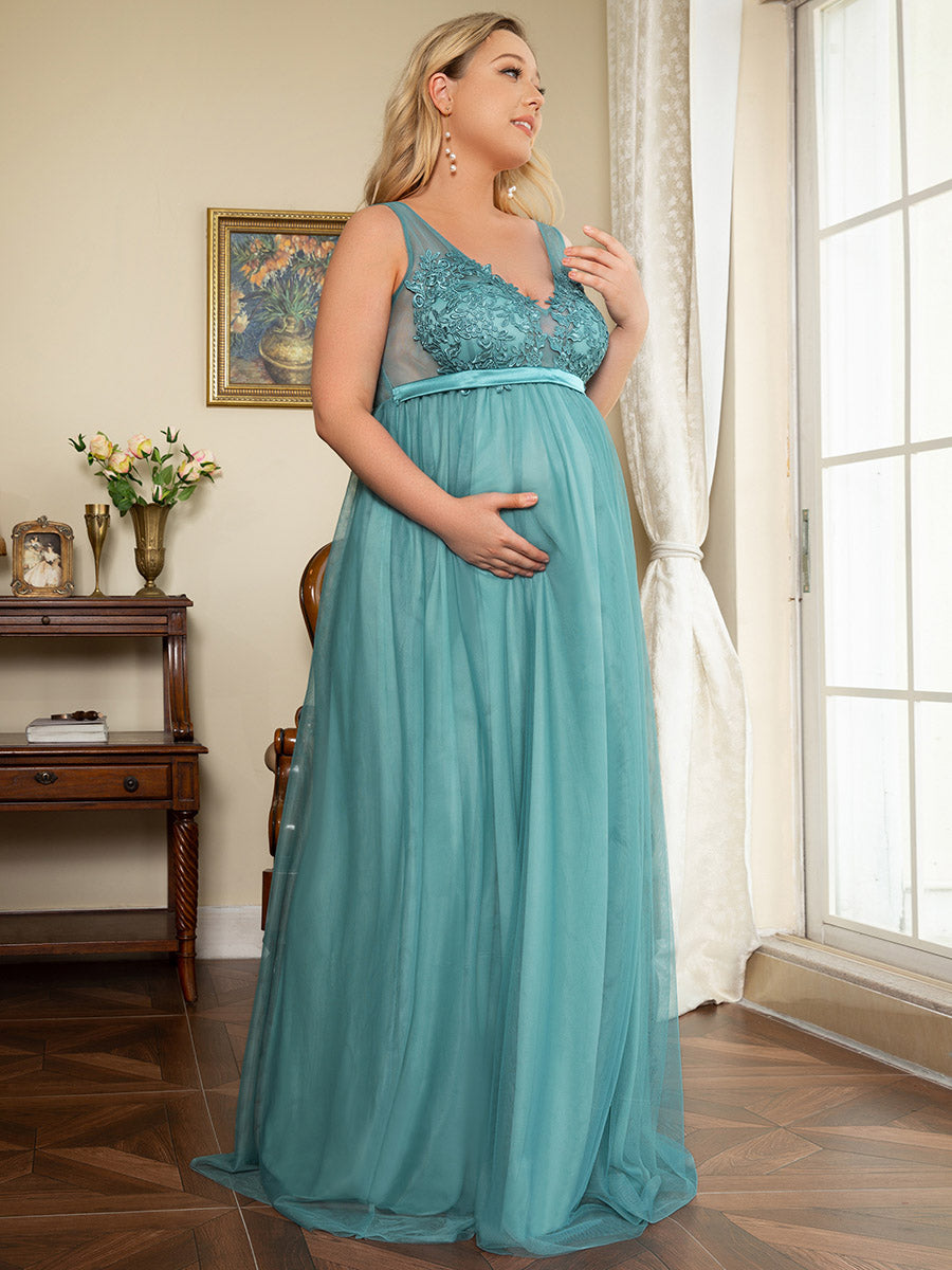 COLOR=Dusty Blue | Plus Size Sultry Sleeveless Long Maxi Dress for Pregnant Women-Dusty Blue 3
