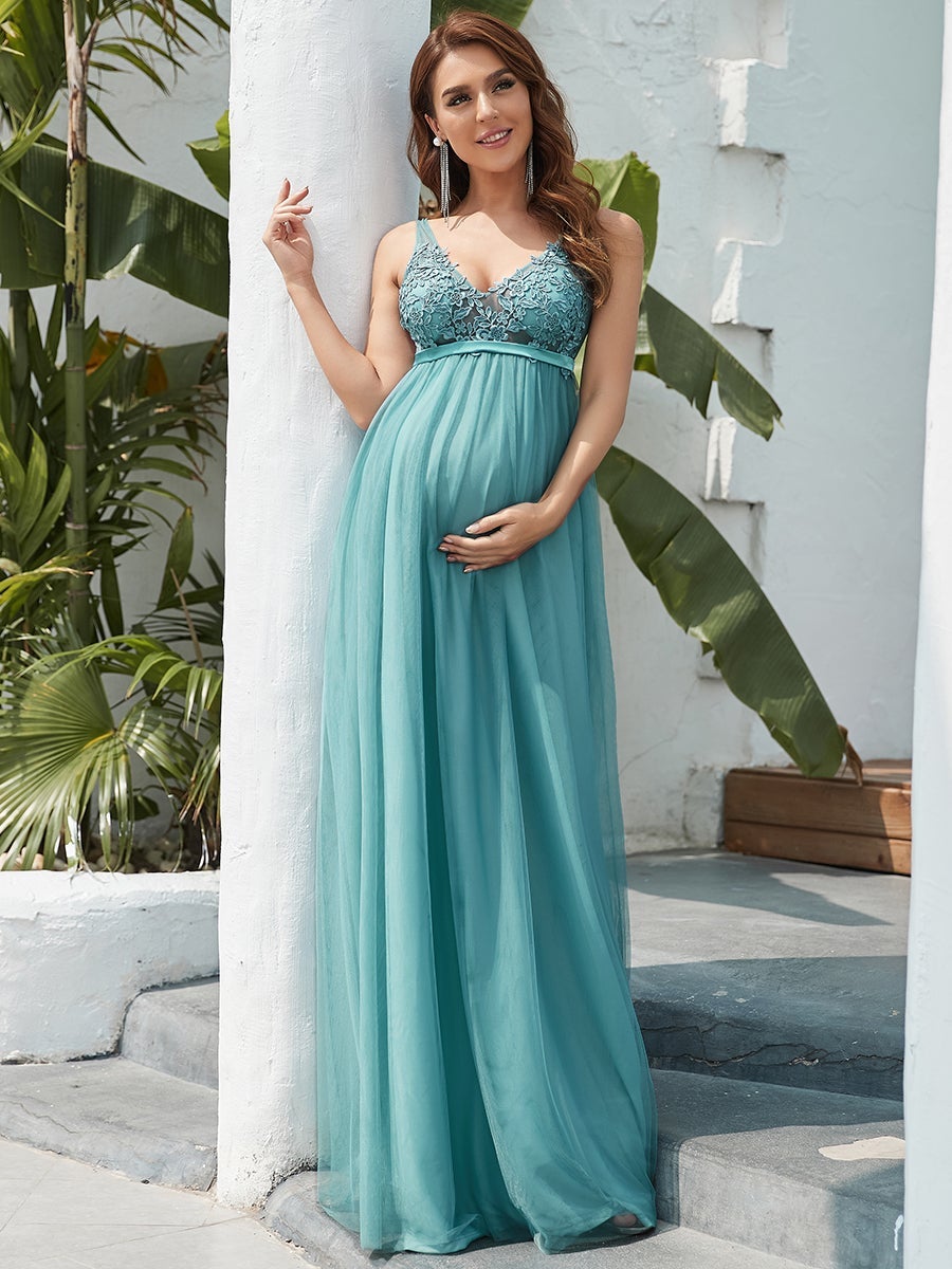 COLOR=Dusty Blue | Sultry Sleeveless Long Maxi Dress for Pregnant Women-Dusty Blue 4