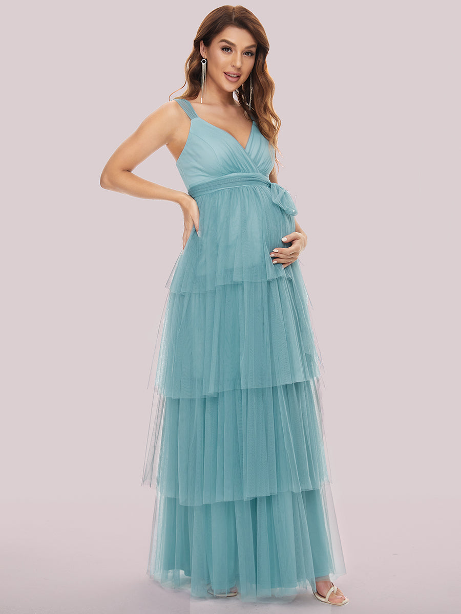 Color=Dusty blue | Sleeveless Layered Dress for Pregnant Women-Dusty blue 7