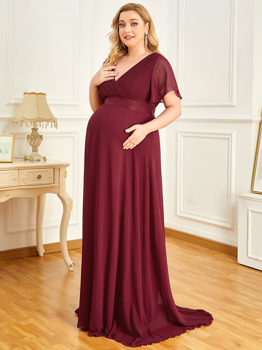 Color=Burgundy | Plus Size Cute and Adorable Deep V-neck Dress for Pregnant Women-Burgundy 3