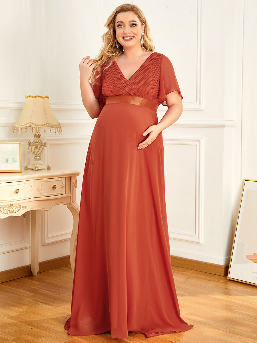 Color=Burnt orange | Plus Size Cute and Adorable Deep V-neck Dress for Pregnant Women-Burnt orange 1