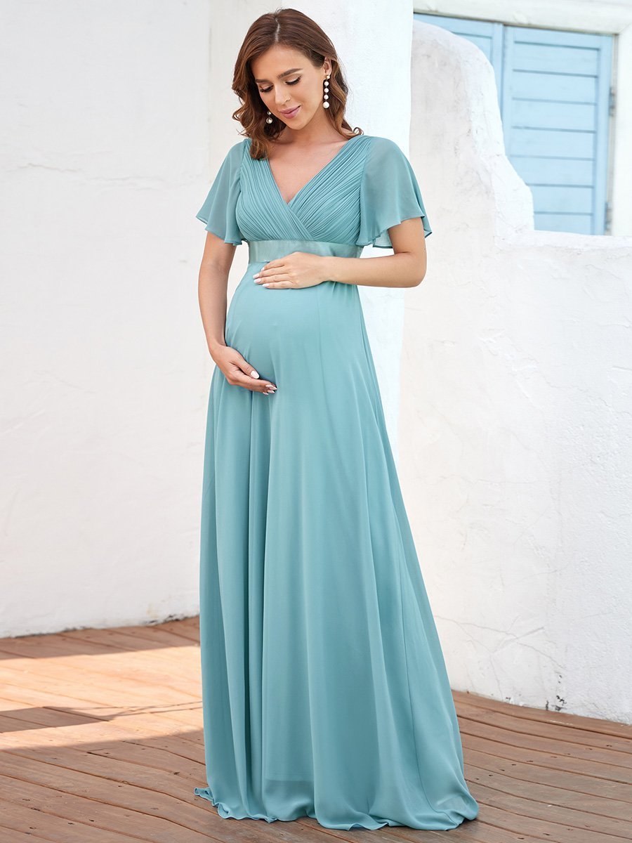 Color=Dusty blue | Cute and Adorable Deep V-neck Dress for Pregnant Women-Dusty blue 1