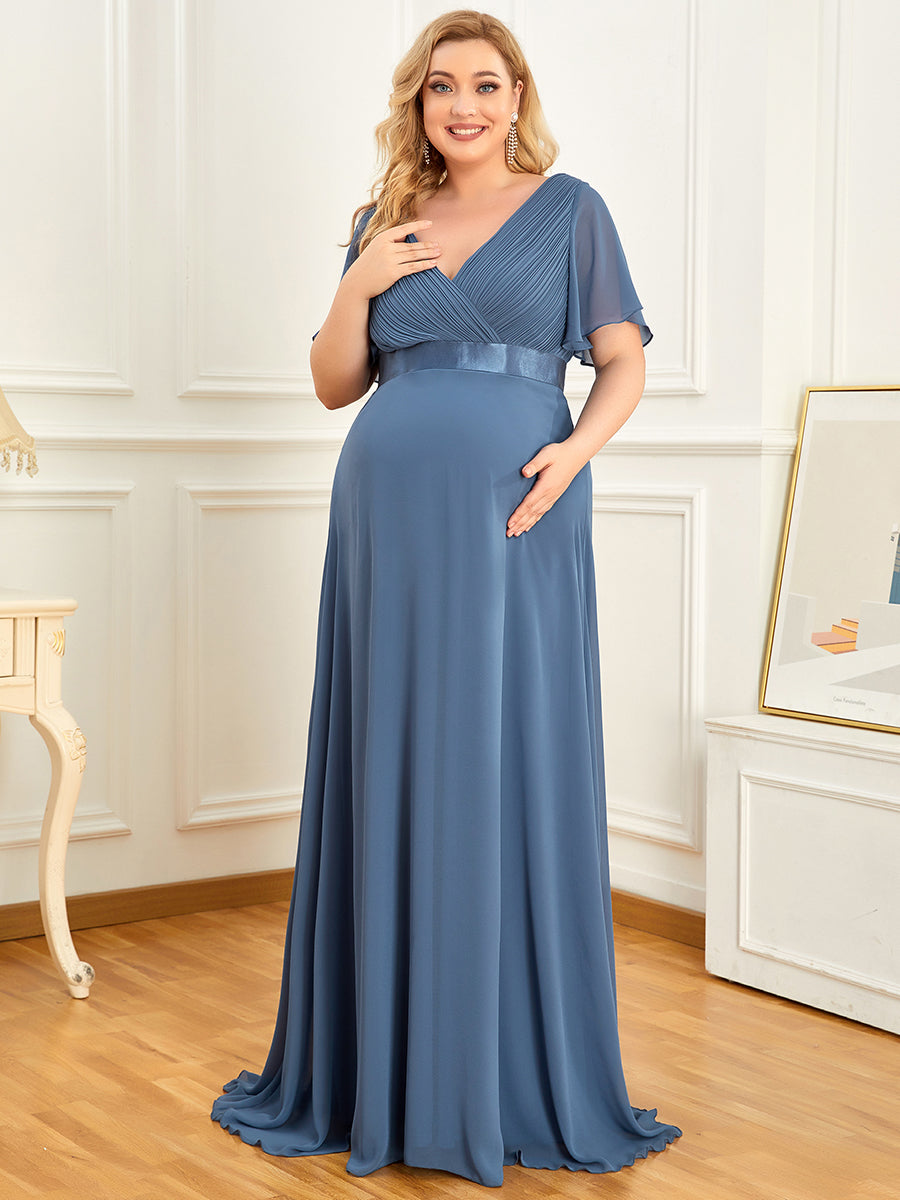 Color=Dusty Navy | Plus Size Cute and Adorable Deep V-neck Dress for Pregnant Women-Dusty Navy 1