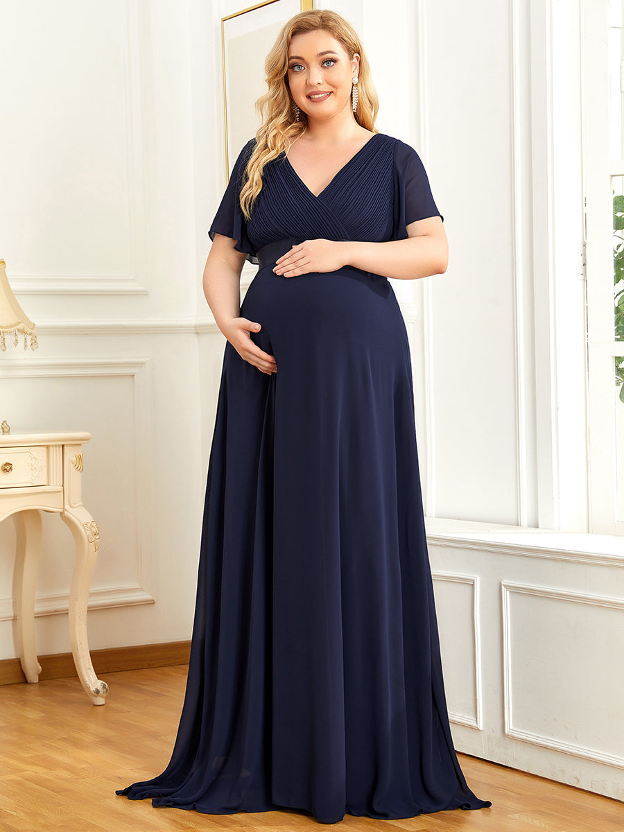 Color=Navy Blue | Plus Size Cute and Adorable Deep V-neck Dress for Pregnant Women-Navy Blue 2