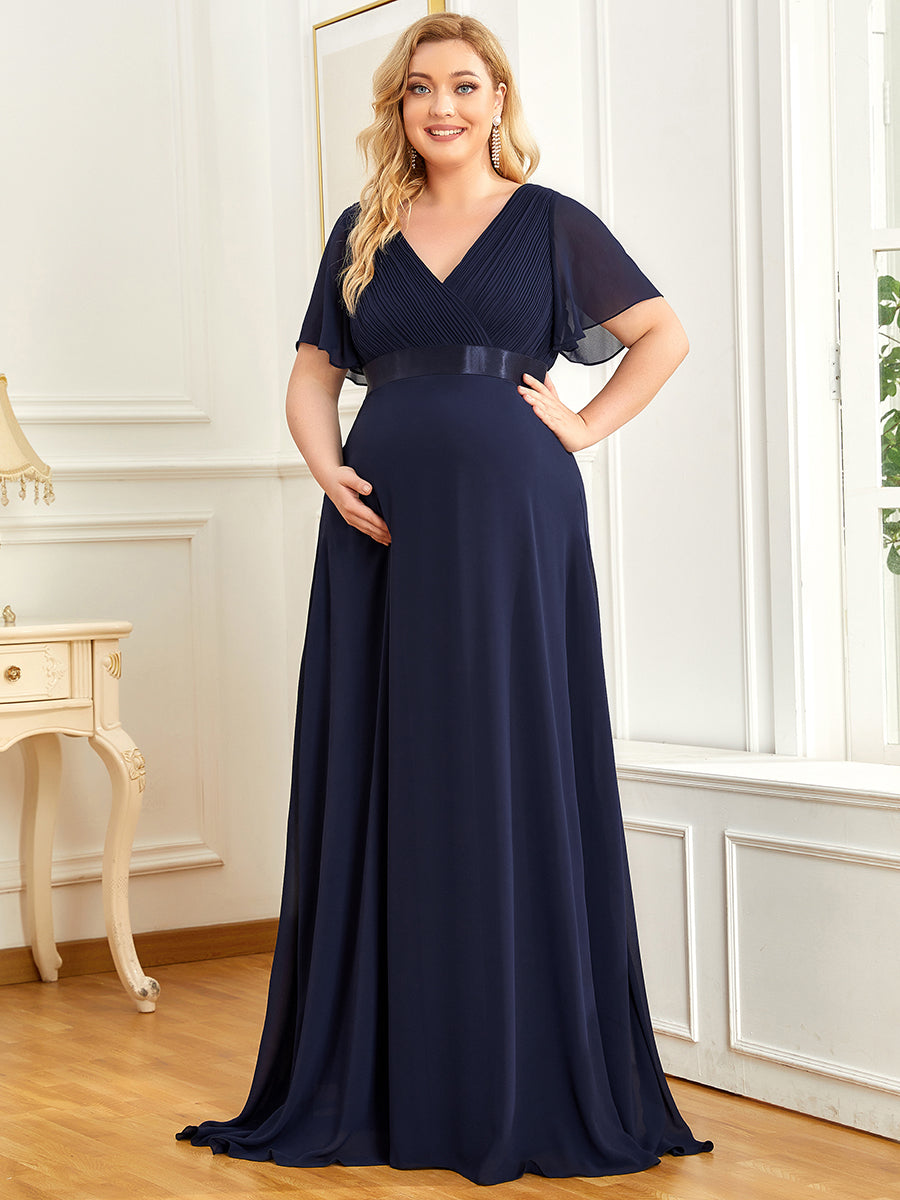 Color=Navy Blue | Plus Size Cute and Adorable Deep V-neck Dress for Pregnant Women-Navy Blue 3