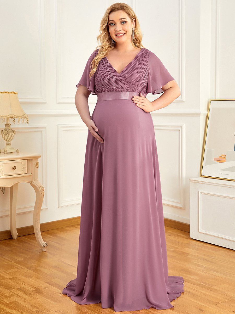 Color=Orchid | Plus Size Cute and Adorable Deep V-neck Dress for Pregnant Women-Orchid 1