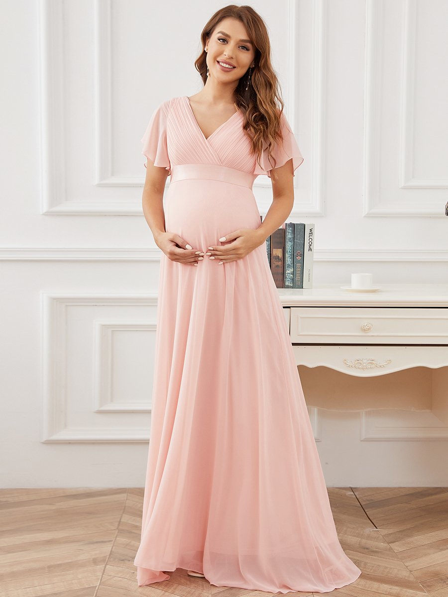 Color=Pink | Cute and Adorable Deep V-neck Dress for Pregnant Women-Pink 4