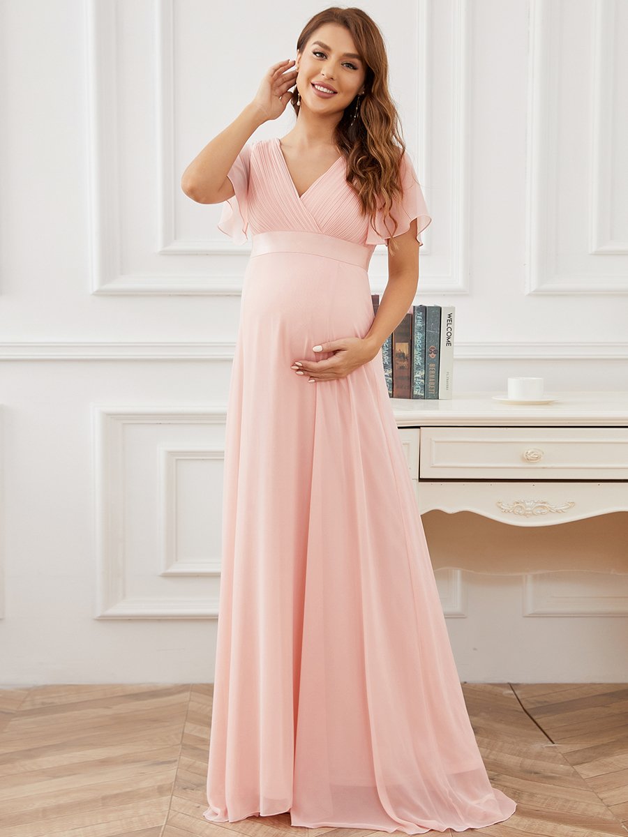 Color=Pink | Cute and Adorable Deep V-neck Dress for Pregnant Women-Pink 1