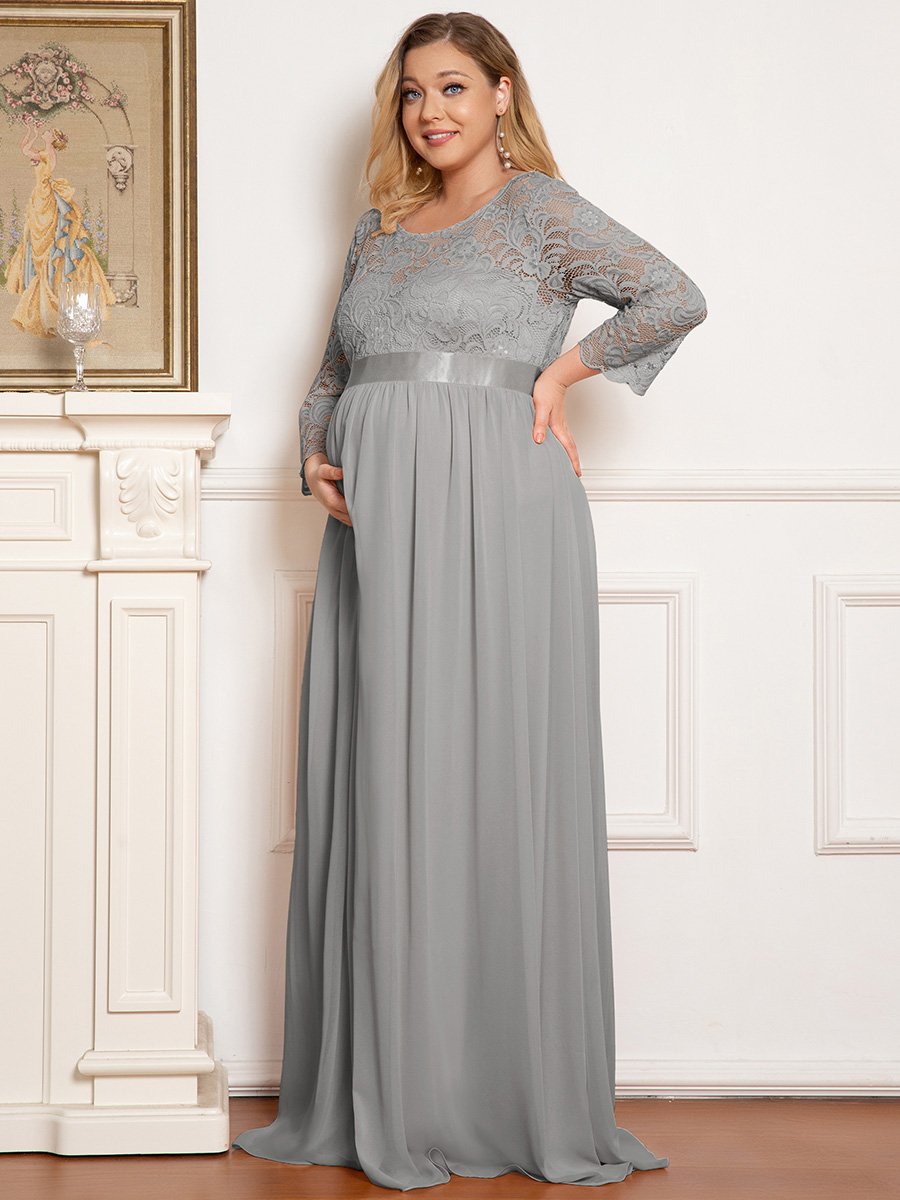 Color=Grey | Round Neck A-Line Floor-Length Wholesale Maternity Dresses-Grey 1