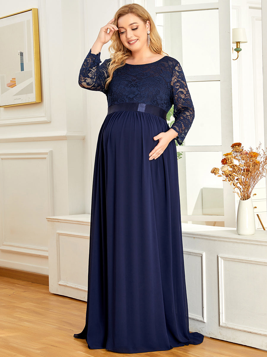 Color=Navy Blue | Round Neck A-Line Floor-Length Wholesale Maternity Dresses-Navy Blue 2