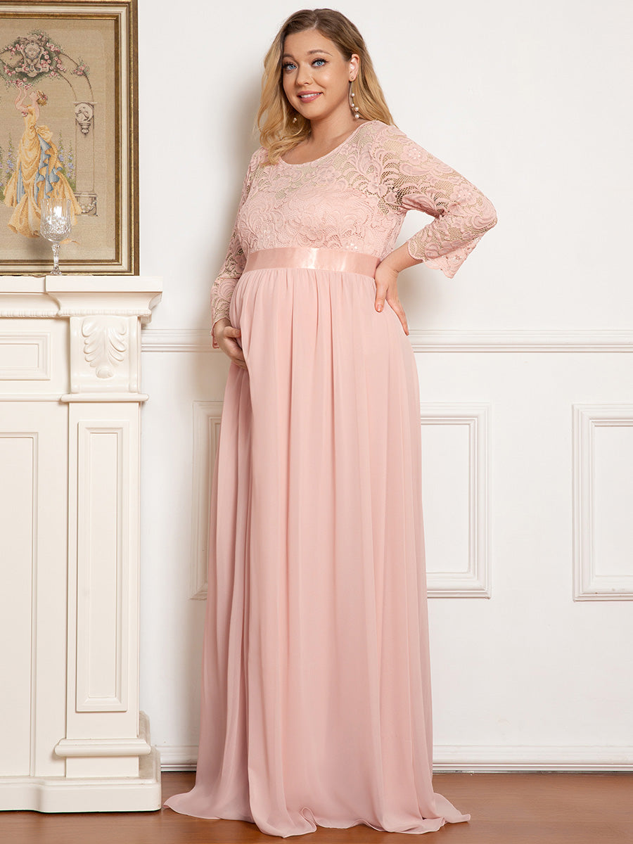 Color=Pink | Round Neck A-Line Floor-Length Wholesale Maternity Dresses-Pink 3