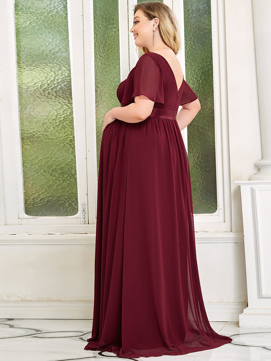 Color=Burgundy | Pretty Deep V Neck Plus Size Wholesale Maternity Dresses-Burgundy 2
