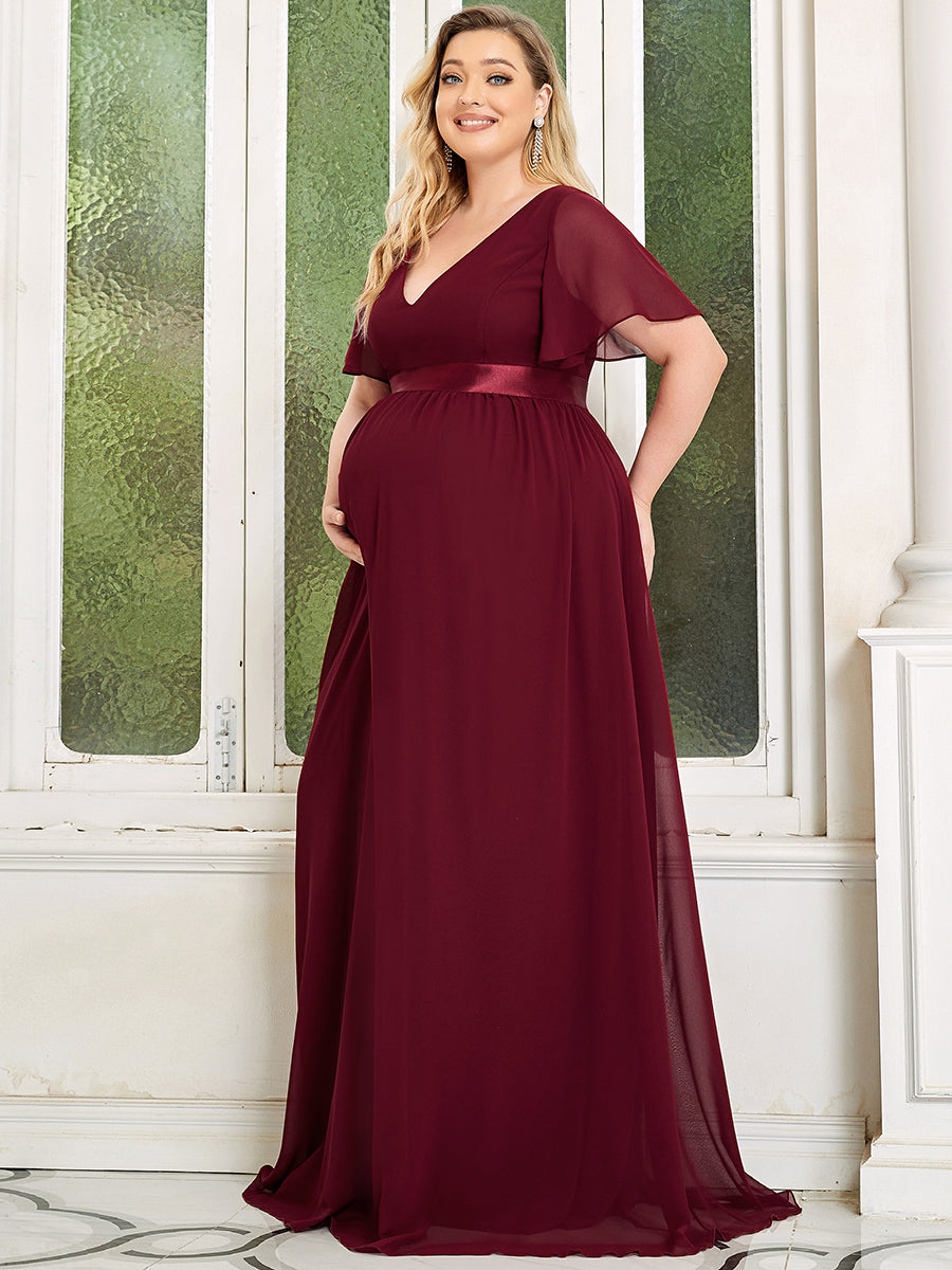 Color=Burgundy | Pretty Deep V Neck Plus Size Wholesale Maternity Dresses-Burgundy 4