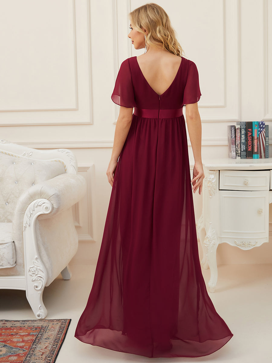 Color=Burgundy | Pretty Deep V Neck Short Sleeves Wholesale Maternity Dresses-Burgundy 2
