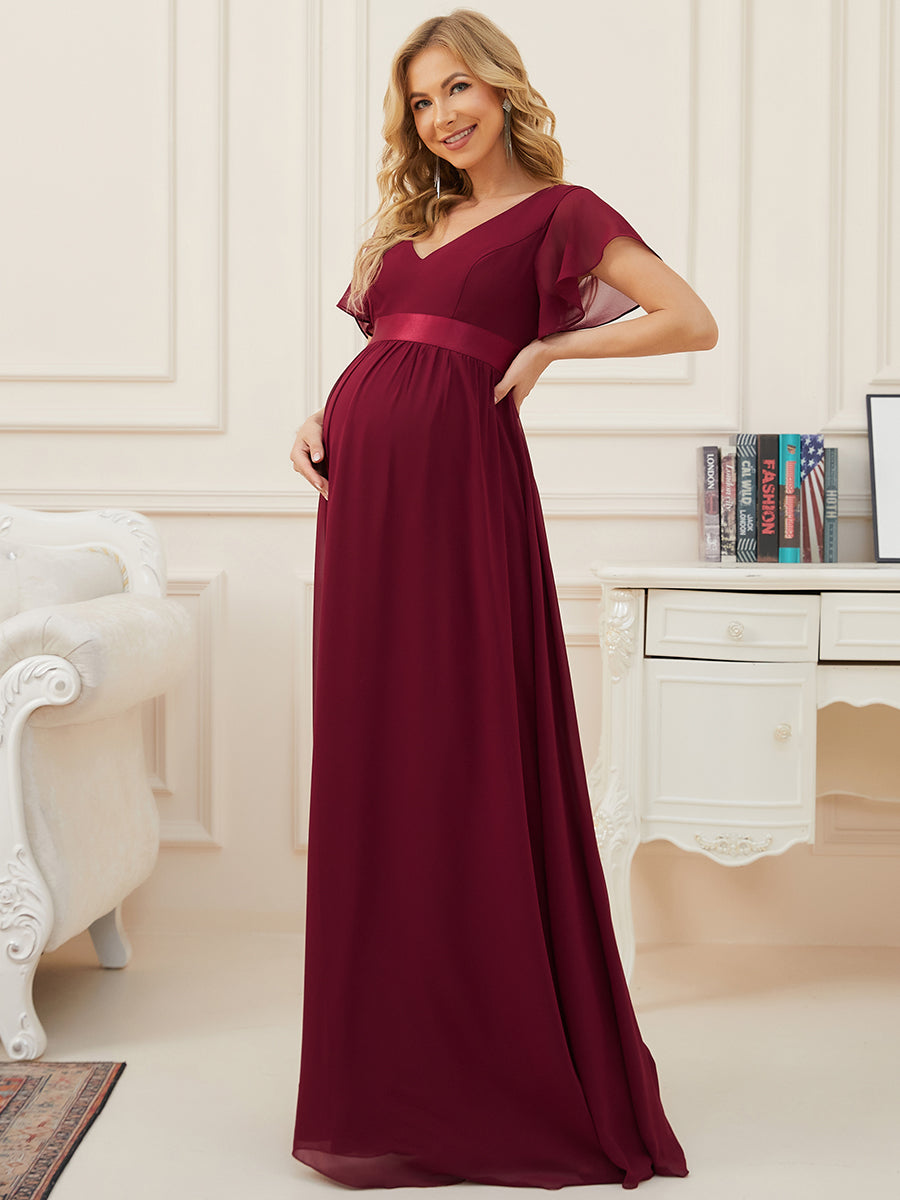 Color=Burgundy | Pretty Deep V Neck Short Sleeves Wholesale Maternity Dresses-Burgundy 3