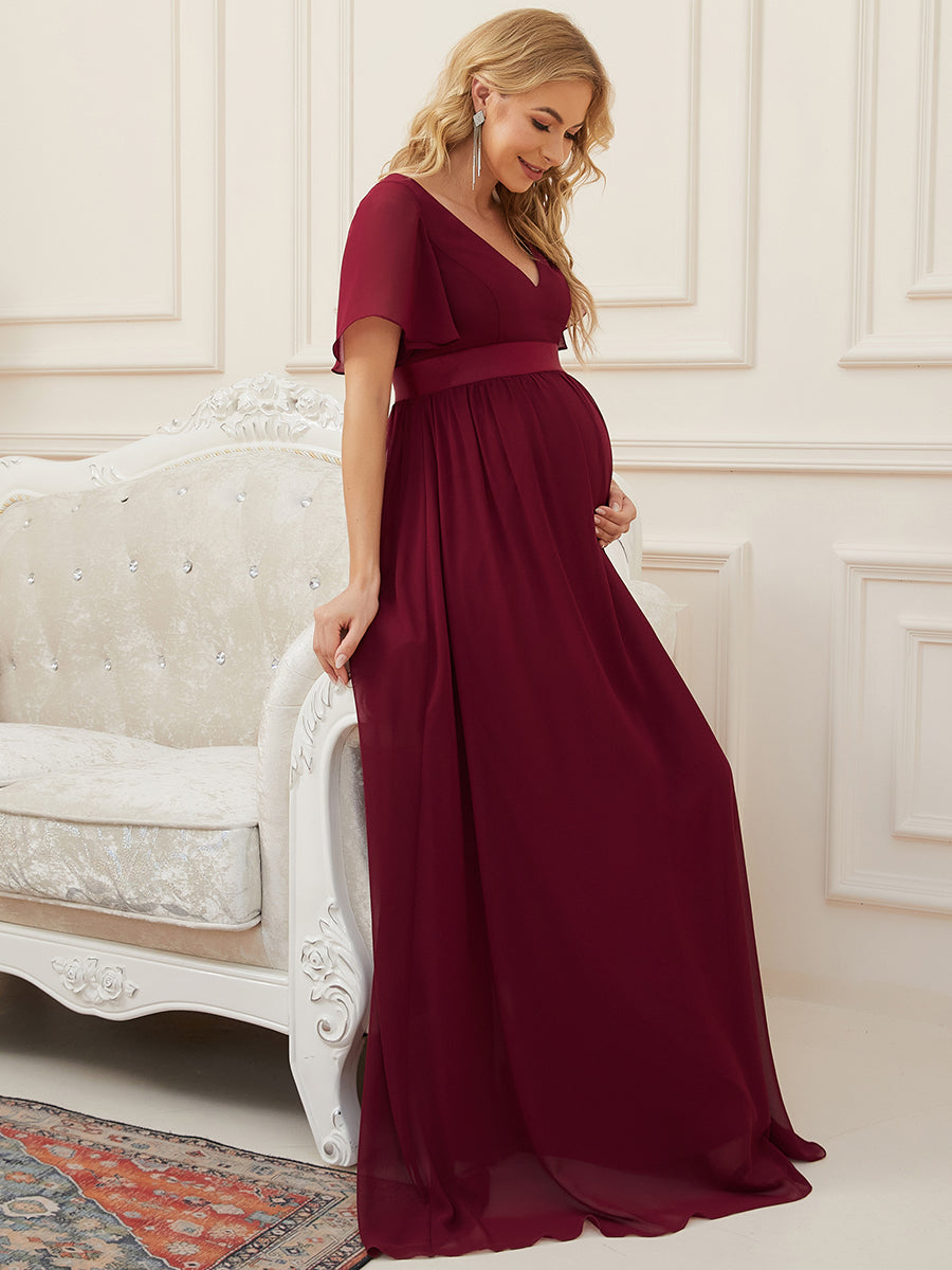 Color=Burgundy | Pretty Deep V Neck Short Sleeves Wholesale Maternity Dresses-Burgundy 4