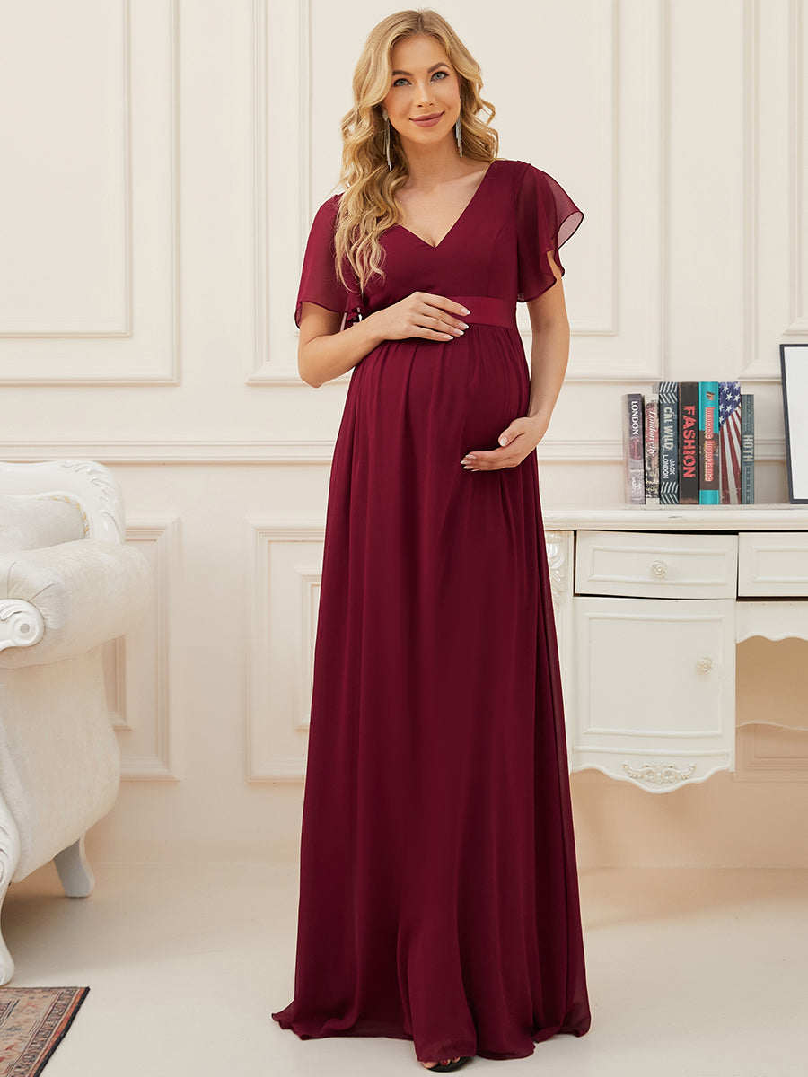 Color=Burgundy | Pretty Deep V Neck Short Sleeves Wholesale Maternity Dresses-Burgundy 1