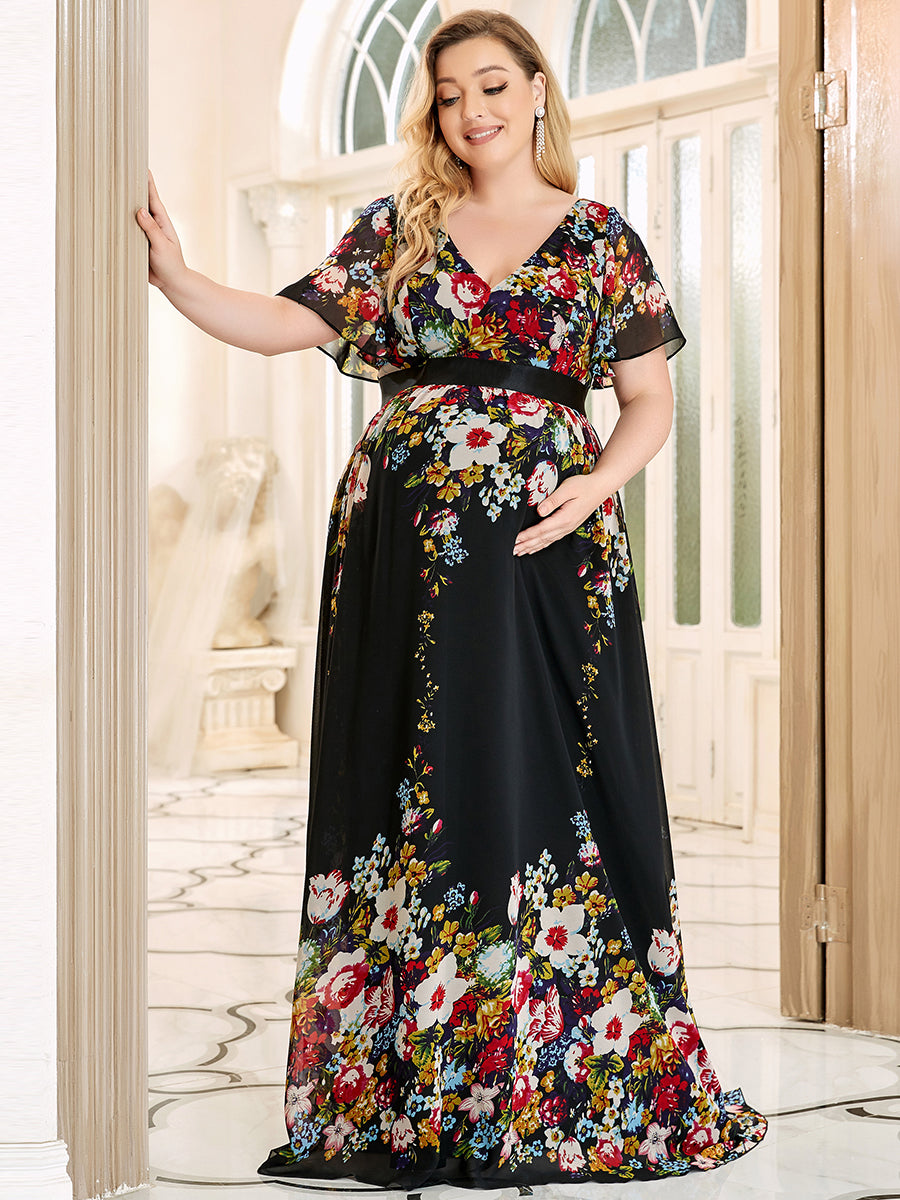 Color=Black and printed | Pretty Deep V Neck Plus Size Wholesale Maternity Dresses-Black and printed 3