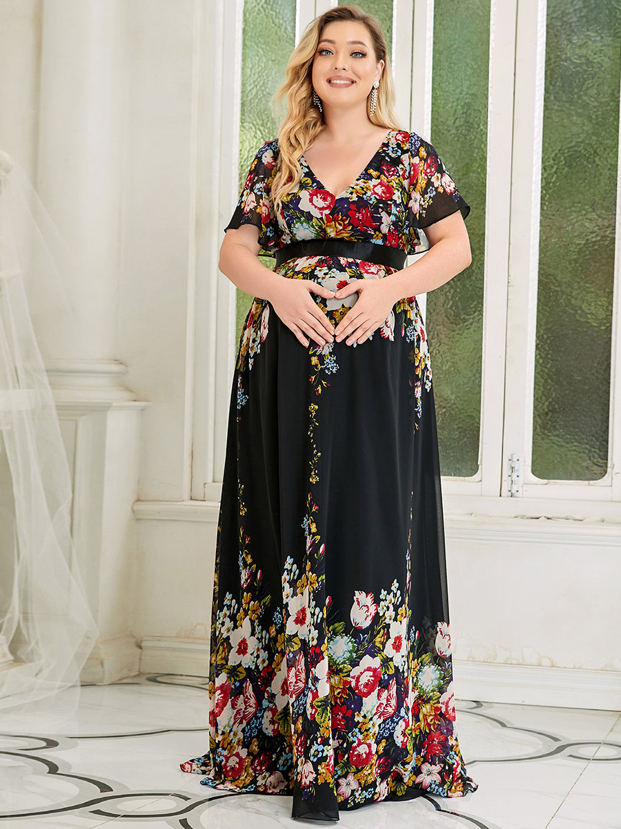 Color=Black and printed | Pretty Deep V Neck Plus Size Wholesale Maternity Dresses-Black and printed 4