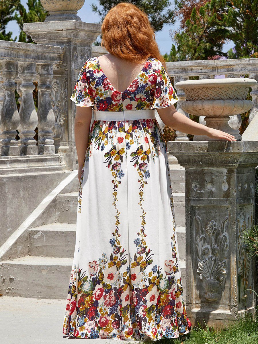 Color=Cream & Printed | Pretty Deep V Neck Plus Size Wholesale Maternity Dresses-Cream & Printed 2