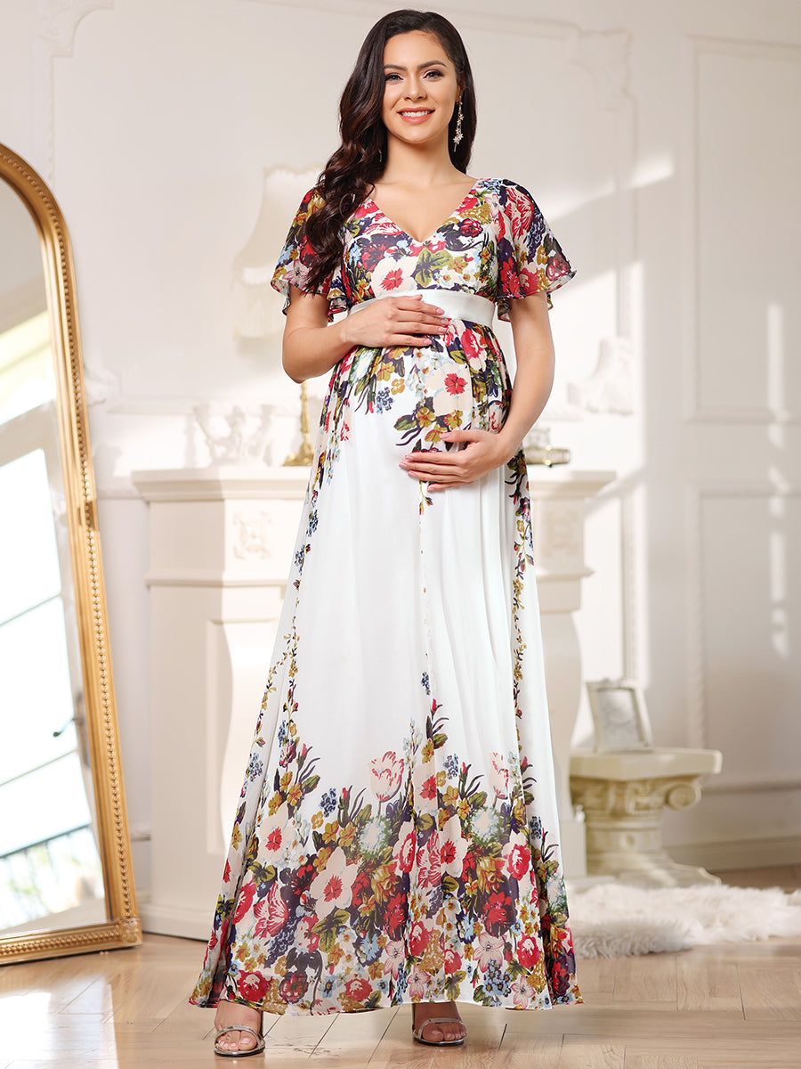 Color=Cream & Printed | Pretty Deep V Neck Short Sleeves Wholesale Maternity Dresses-Cream & Printed 4