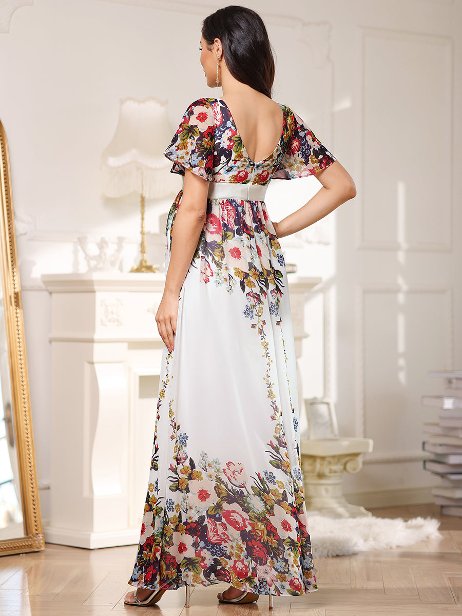 Color=Cream & Printed | Pretty Deep V Neck Short Sleeves Wholesale Maternity Dresses-Cream & Printed 2