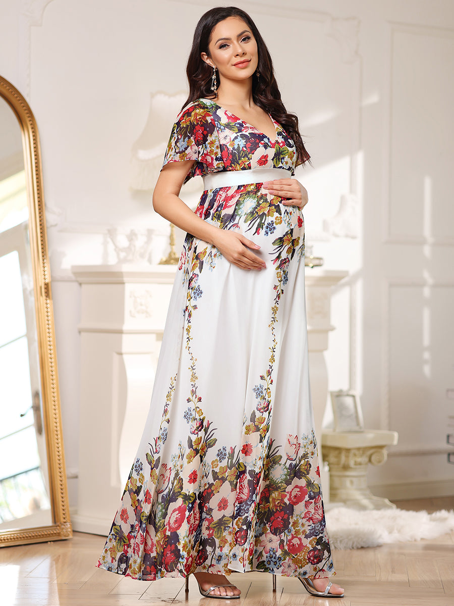 Color=Cream & Printed | Pretty Deep V Neck Short Sleeves Wholesale Maternity Dresses-Cream & Printed 3