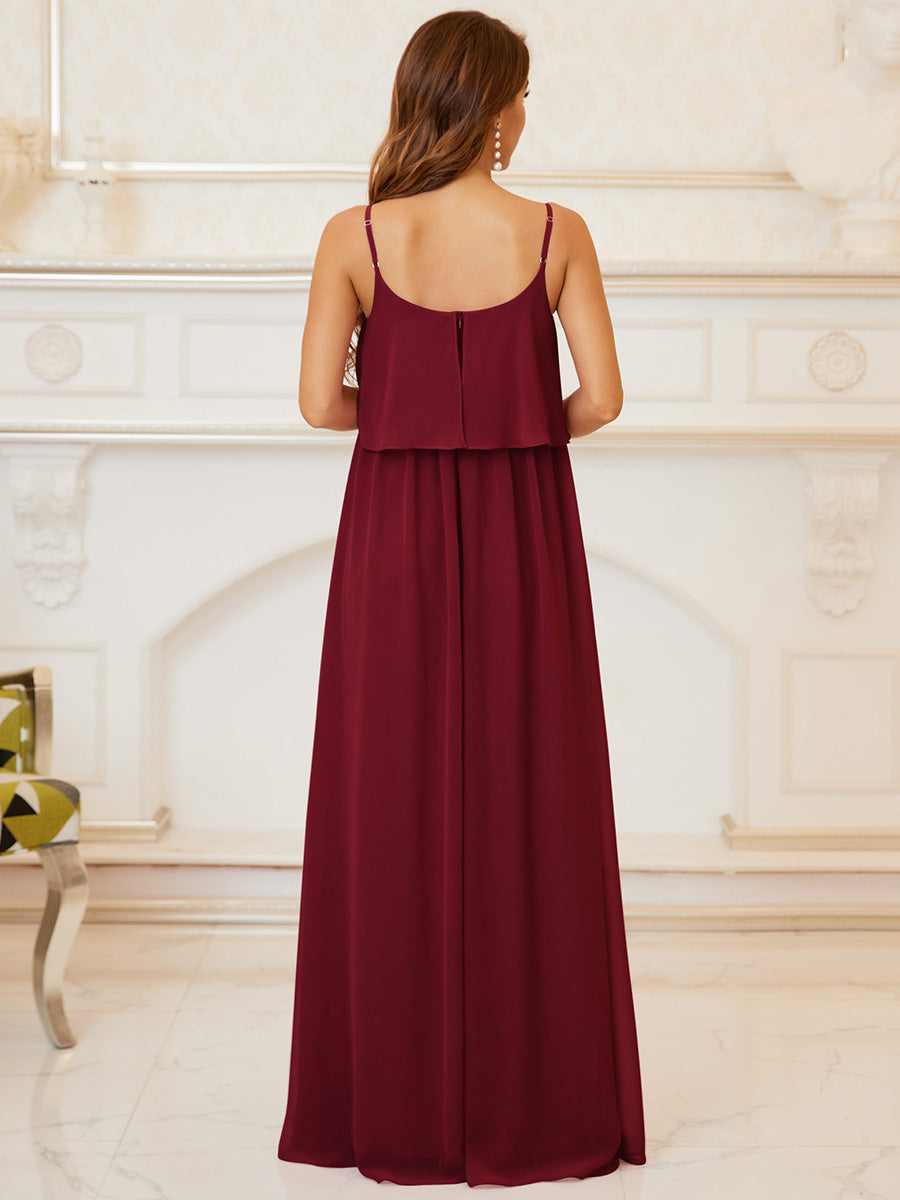 Color=Burgundy | A Line Floor Length Swinging Collar Wholesale Maternity Dresses-Burgundy 2