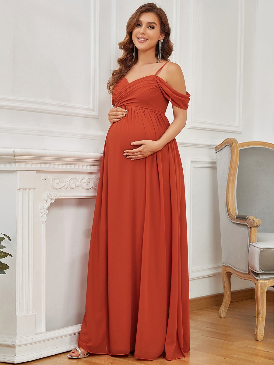 Color=Burnt orange | Adorable A Line Off Shoulder Wholesale Maternity Dresses-Burnt orange 3