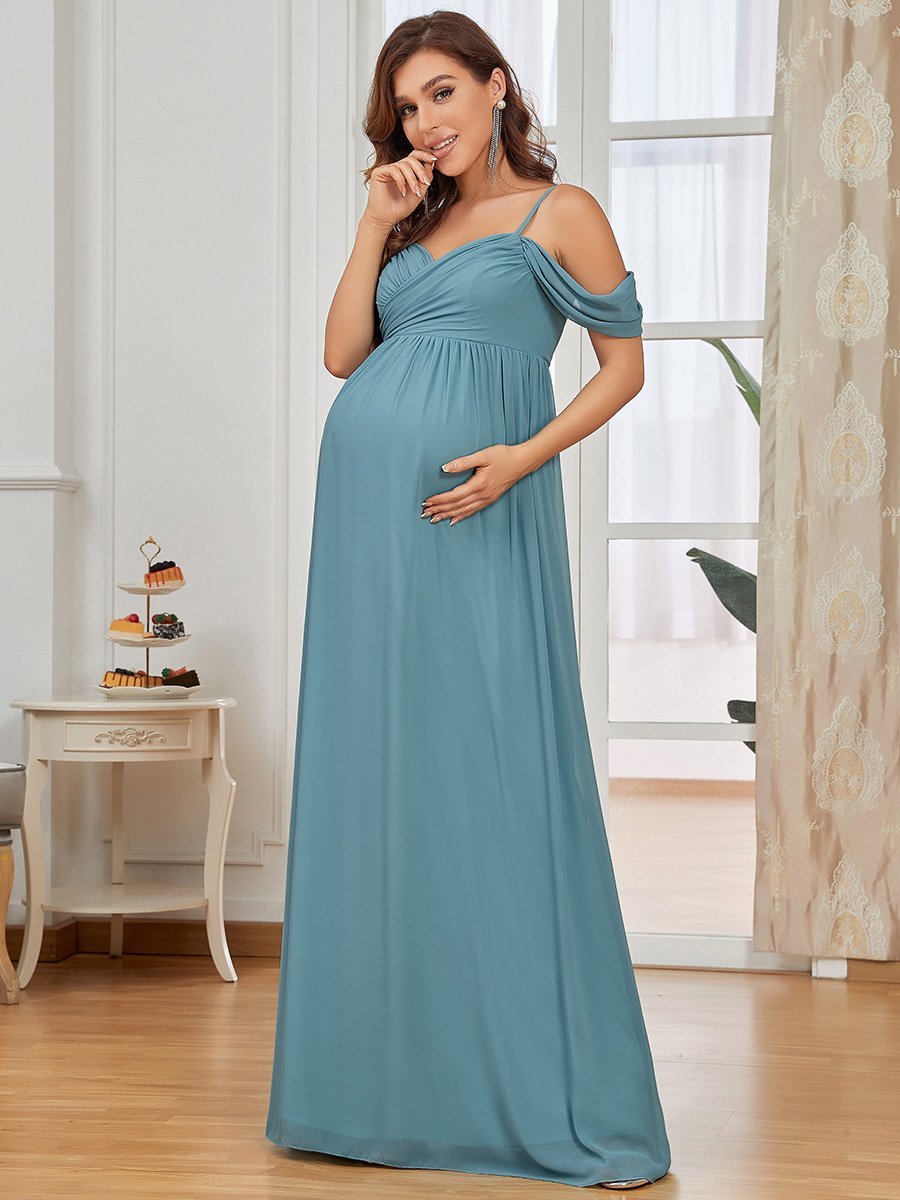 Color=Dusty Blue | Adorable A Line Off Shoulder Wholesale Maternity Dresses-Dusty Blue 2