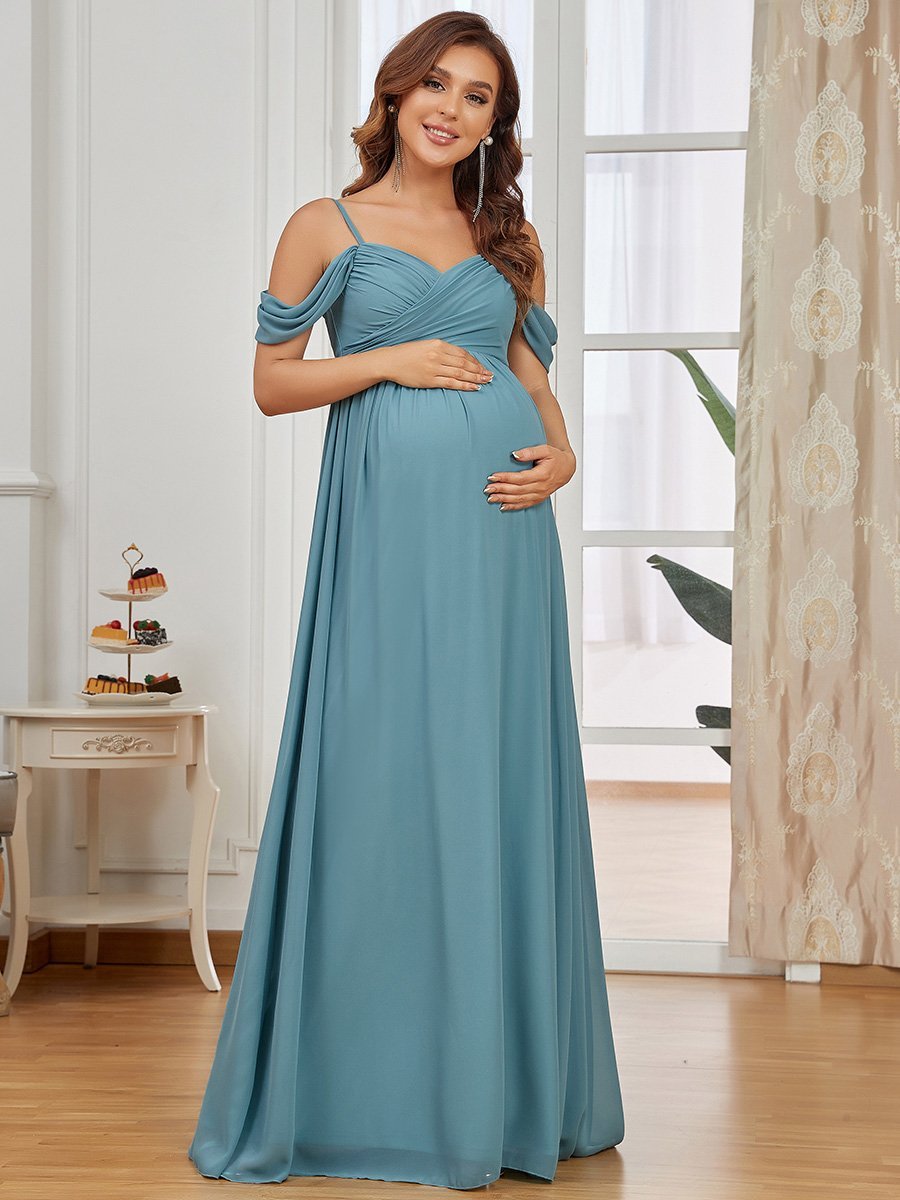 Color=Dusty Blue | Adorable A Line Off Shoulder Wholesale Maternity Dresses-Dusty Blue 1