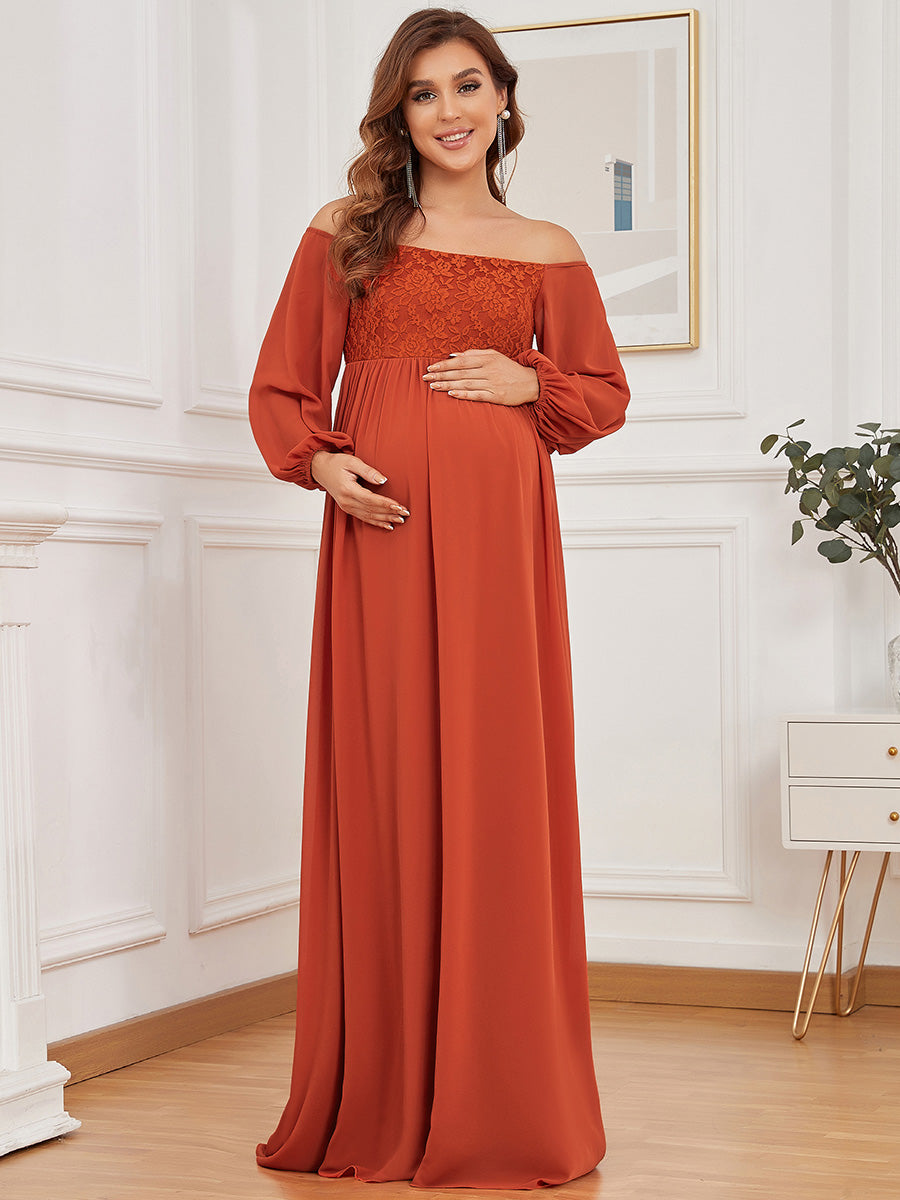 Color=Burnt orange | Lantern Sleeves A Line Floor Length Wholesale Maternity Dresses-Burnt orange 1