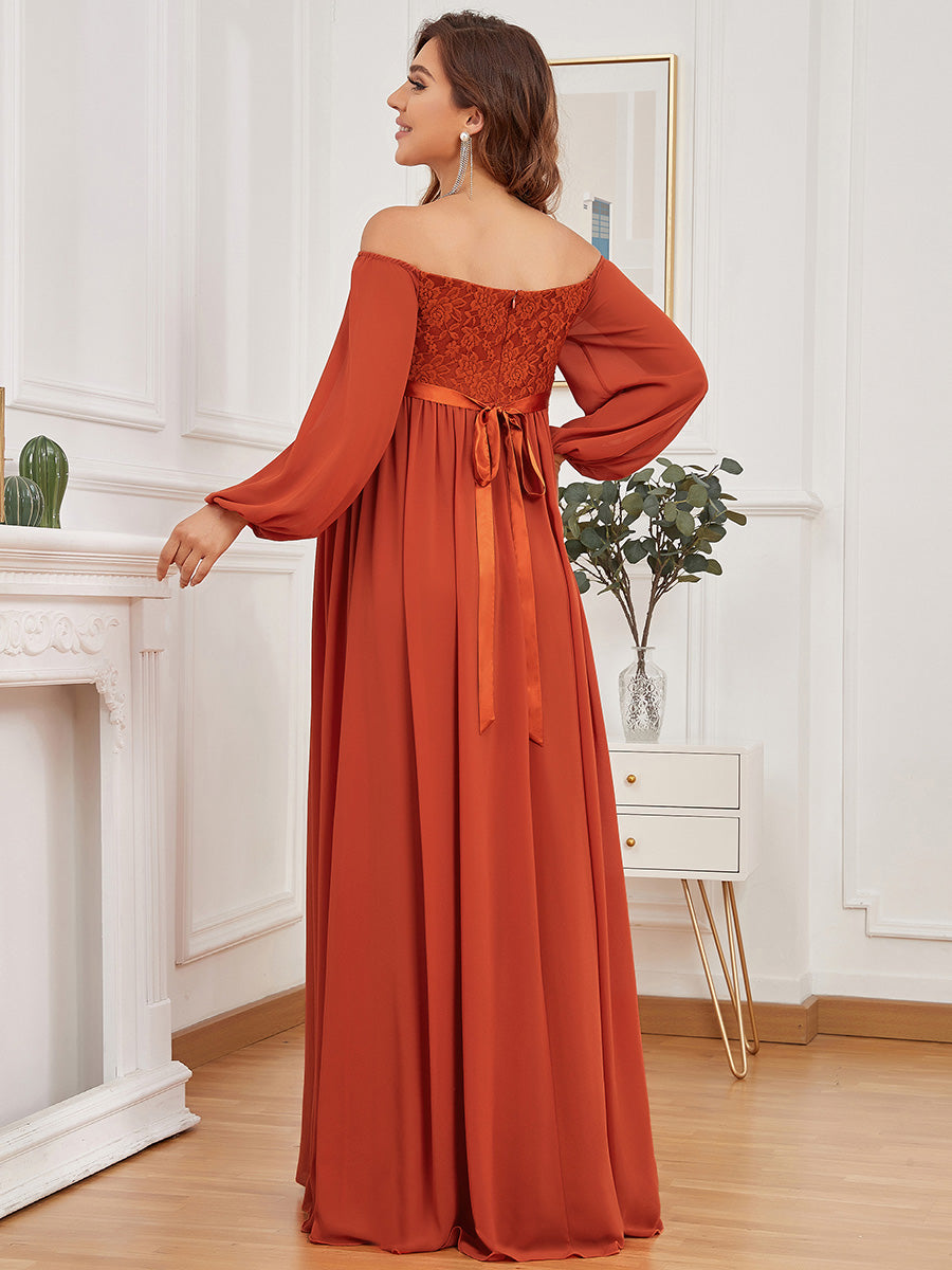 Color=Burnt orange | Lantern Sleeves A Line Floor Length Wholesale Maternity Dresses-Burnt orange 3