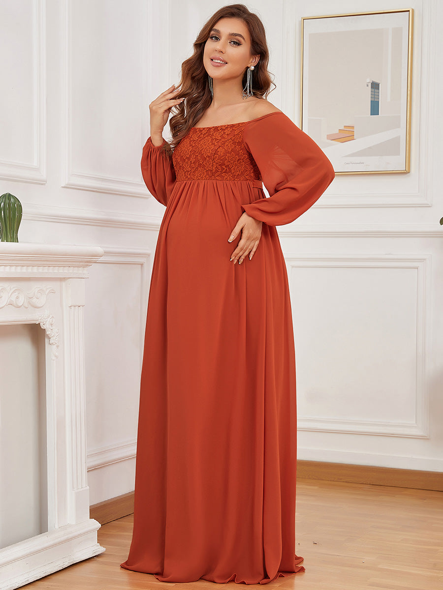 Color=Burnt orange | Lantern Sleeves A Line Floor Length Wholesale Maternity Dresses-Burnt orange 2