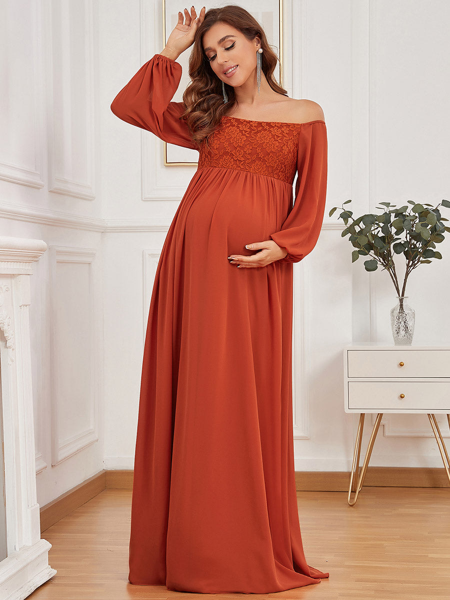 Color=Burnt orange | Lantern Sleeves A Line Floor Length Wholesale Maternity Dresses-Burnt orange 4