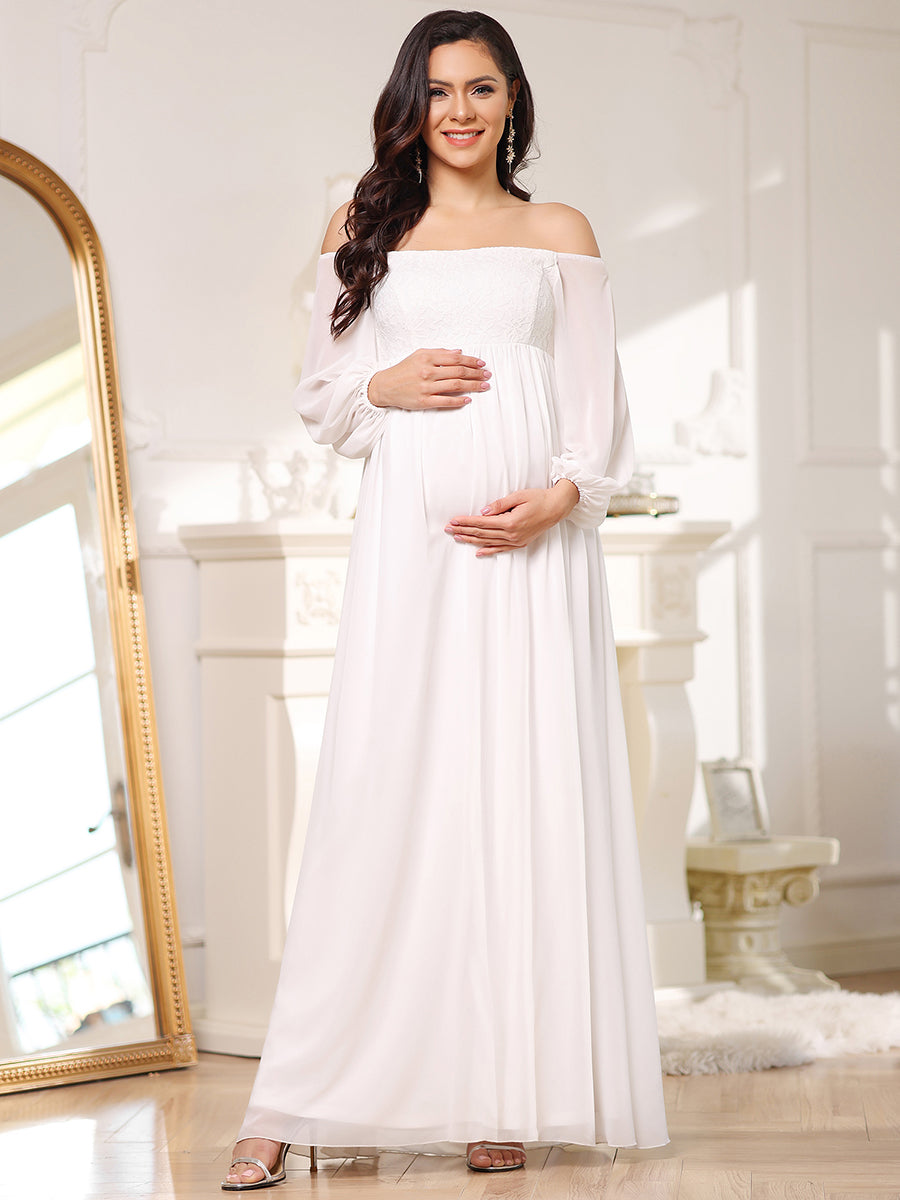 Color=Cream | Lantern Sleeves A Line Floor Length Wholesale Maternity Dresses-Cream 1
