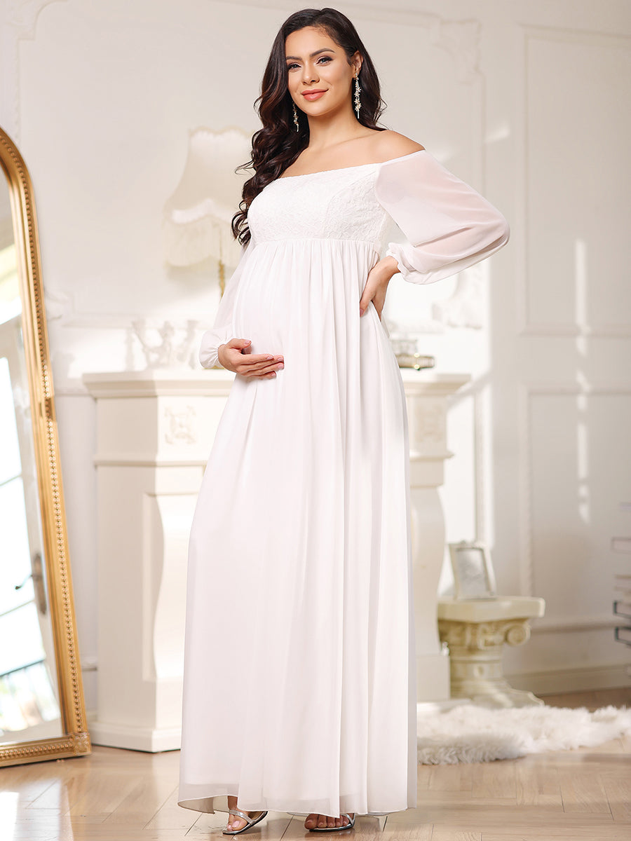 Color=Cream | Lantern Sleeves A Line Floor Length Wholesale Maternity Dresses-Cream 3