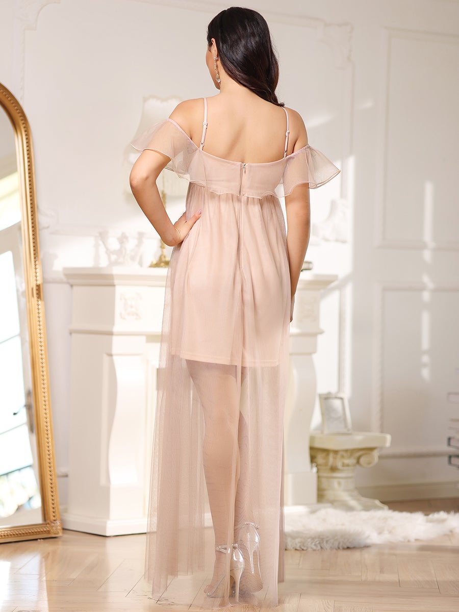 Color=Blush | Off Shoulder A Line Floor Length Wholesale Maternity Dresses-Blush 2