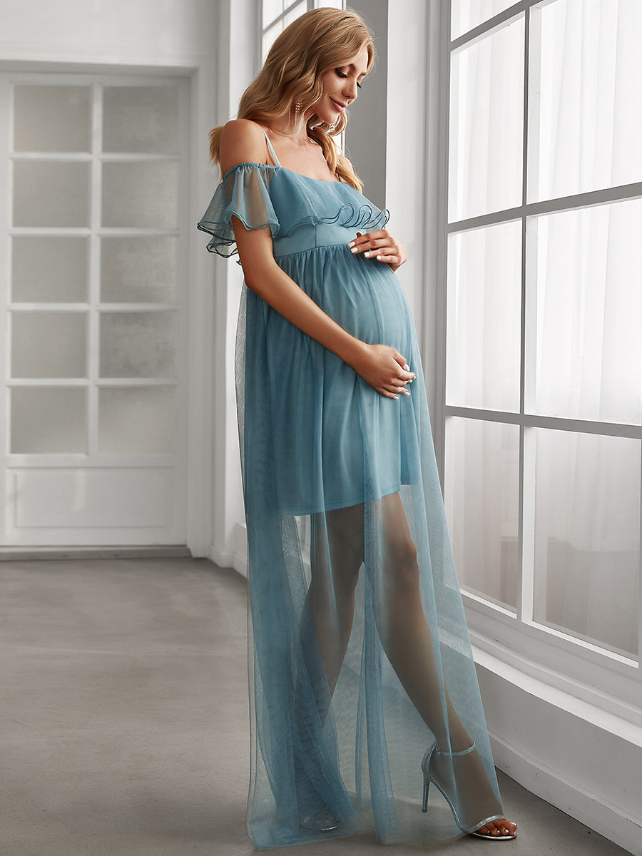 Color=Dusty Blue | Off Shoulder A Line Floor Length Wholesale Maternity Dresses-Dusty Blue 3