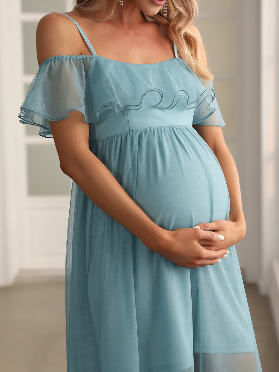 Color=Dusty Blue | Off Shoulder A Line Floor Length Wholesale Maternity Dresses-Dusty Blue 5