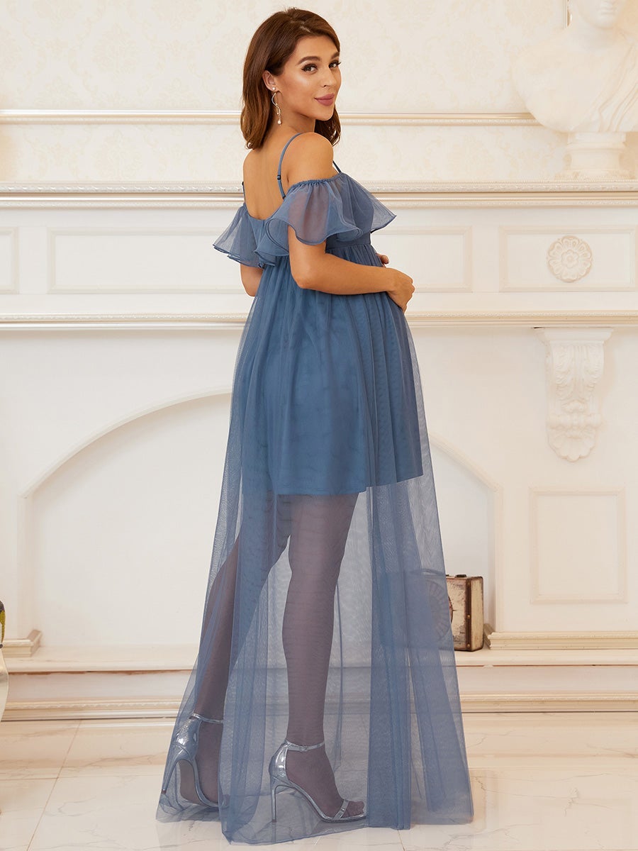 Color=Dusty Blue | Off Shoulder A Line Floor Length Wholesale Maternity Dresses-Dusty Blue 2