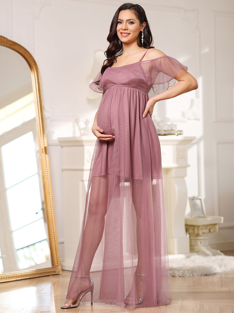 Color=Orchid | Off Shoulder A Line Floor Length Wholesale Maternity Dresses-Orchid 4