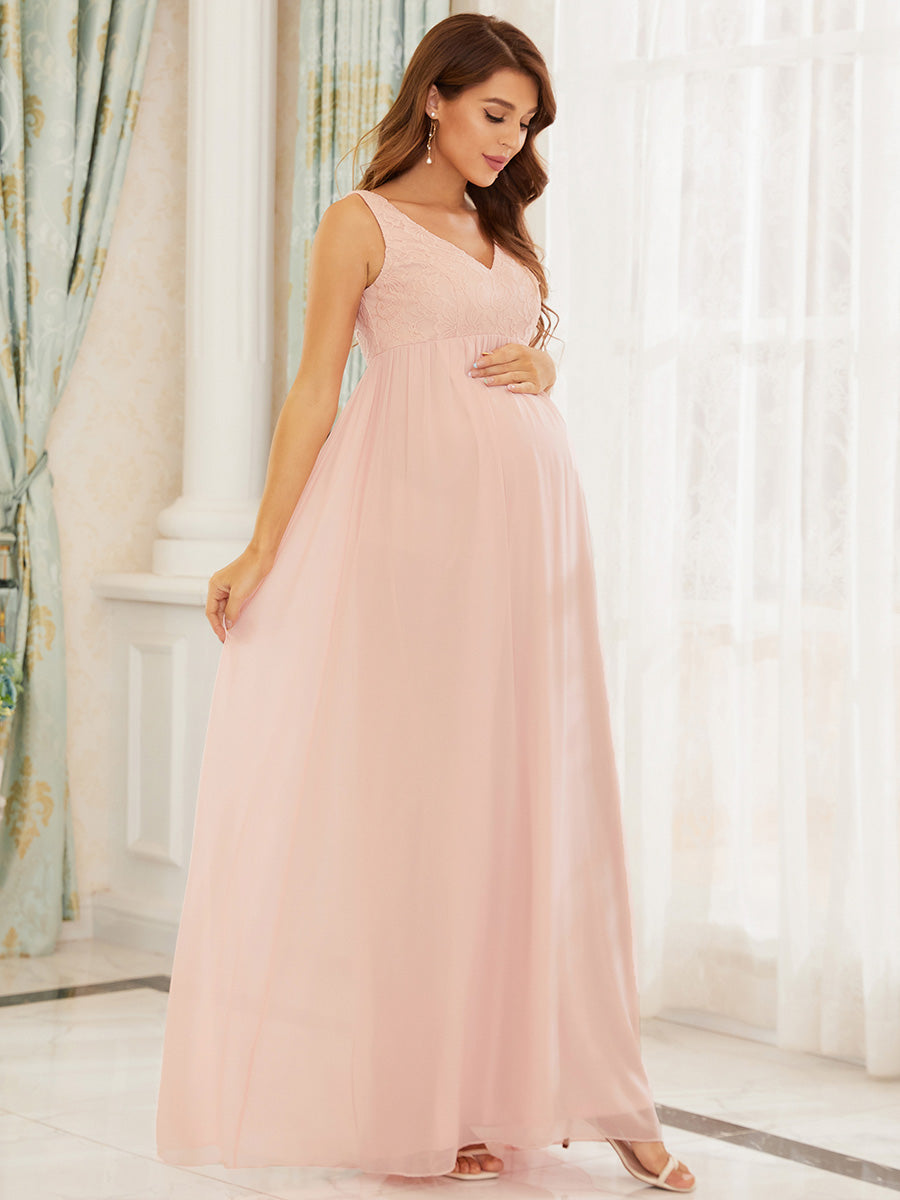 Color=Pink | Deep V Neck A Line Sleeveless Wholesale Maternity Dresses-Pink 3