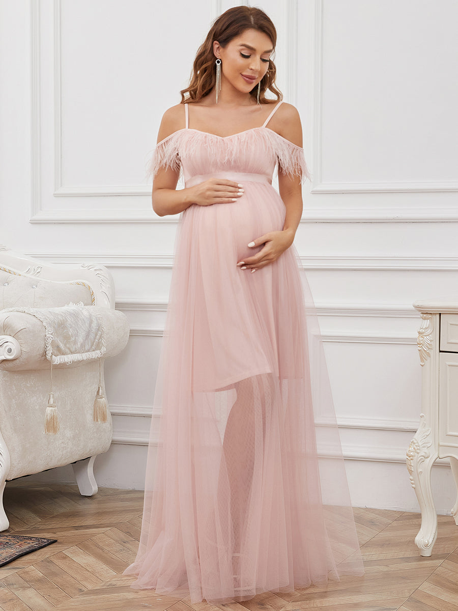 Color=Pink | A-Line Floor Length Off Shoulders Wholesale Maternity Dresses-Pink 1