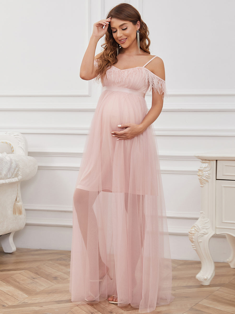 Color=Pink | A-Line Floor Length Off Shoulders Wholesale Maternity Dresses-Pink 3