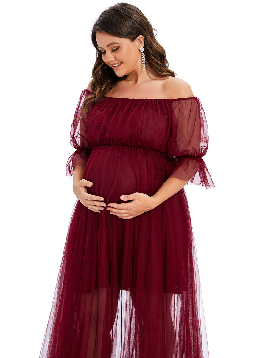 Color=Burgundy | A Line Short Puff Sleeves Wholesale Maternity Dresses-Burgundy 5