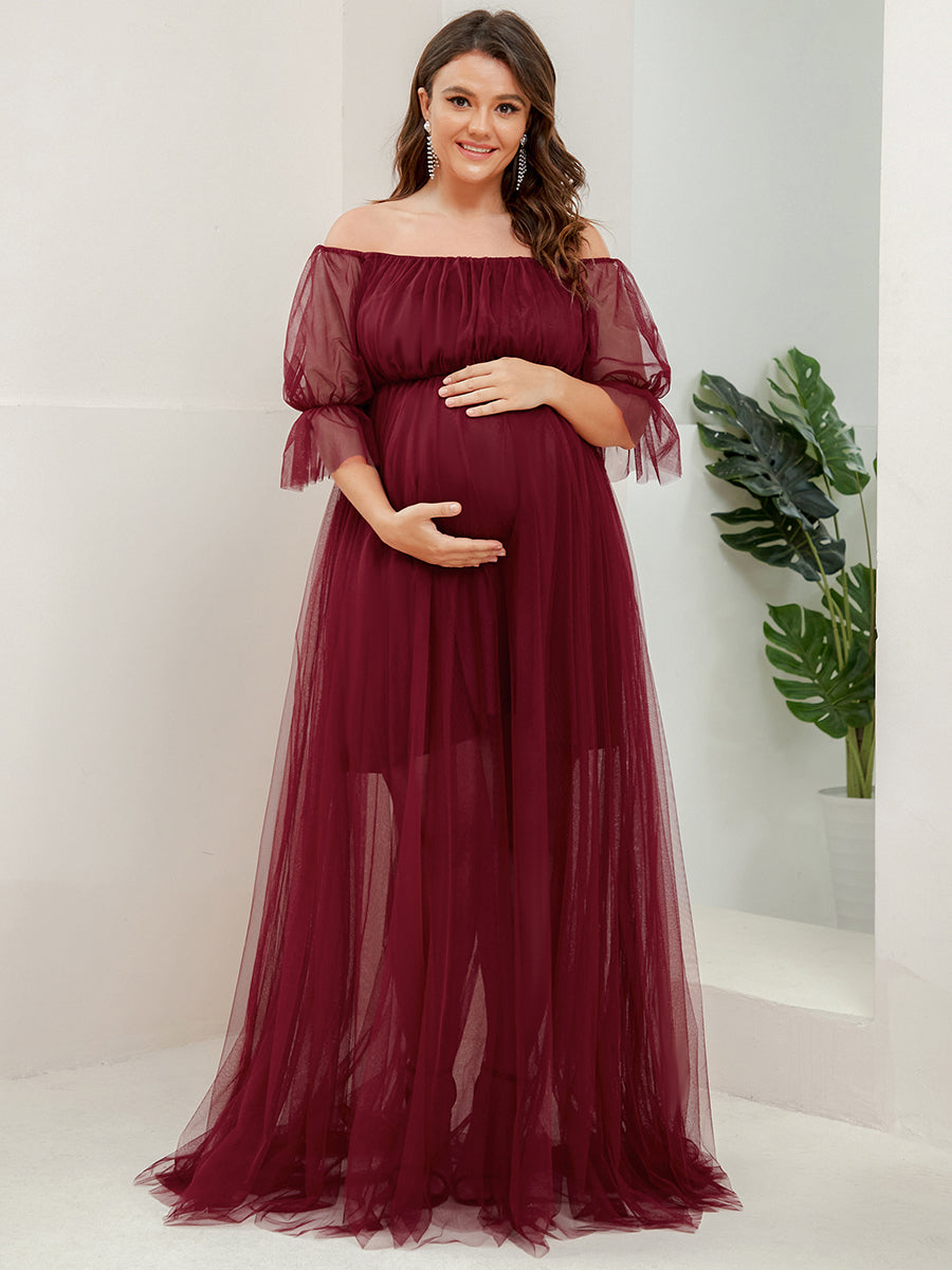 Color=Burgundy | A Line Short Puff Sleeves Wholesale Maternity Dresses-Burgundy 1